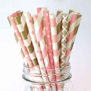 Classic Blush Pink and Gold Paper Straws - 2 Packs